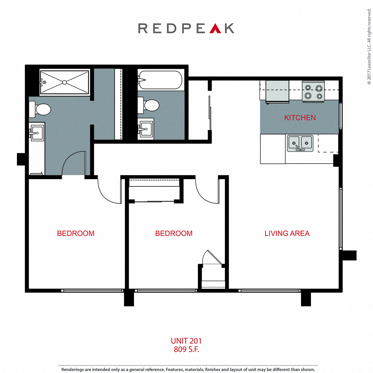 Floor plan for 2 beds, 1 bath, 809 sqft